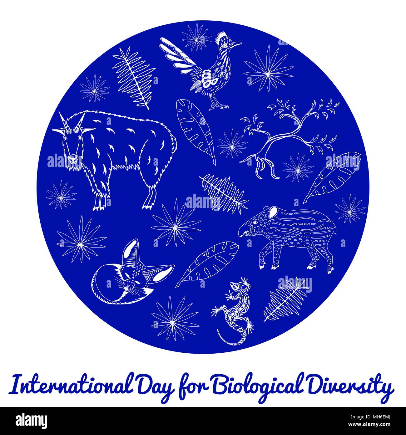 Internationaler Tag für biologische Vielfalt. Das Konzept der ökologischen Urlaub. Tiere, Baum, Blätter, Kontur Zeichnungen. Blauer Kreis auf weißem backgro Stock Vektor