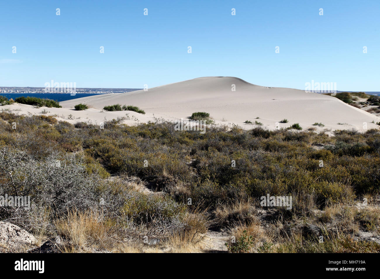 Sand Dünen bei Baliza Acantilado in der Nähe von Punta Cuevas, Puerto Madryn, Chubut, Argentinien. Stockfoto