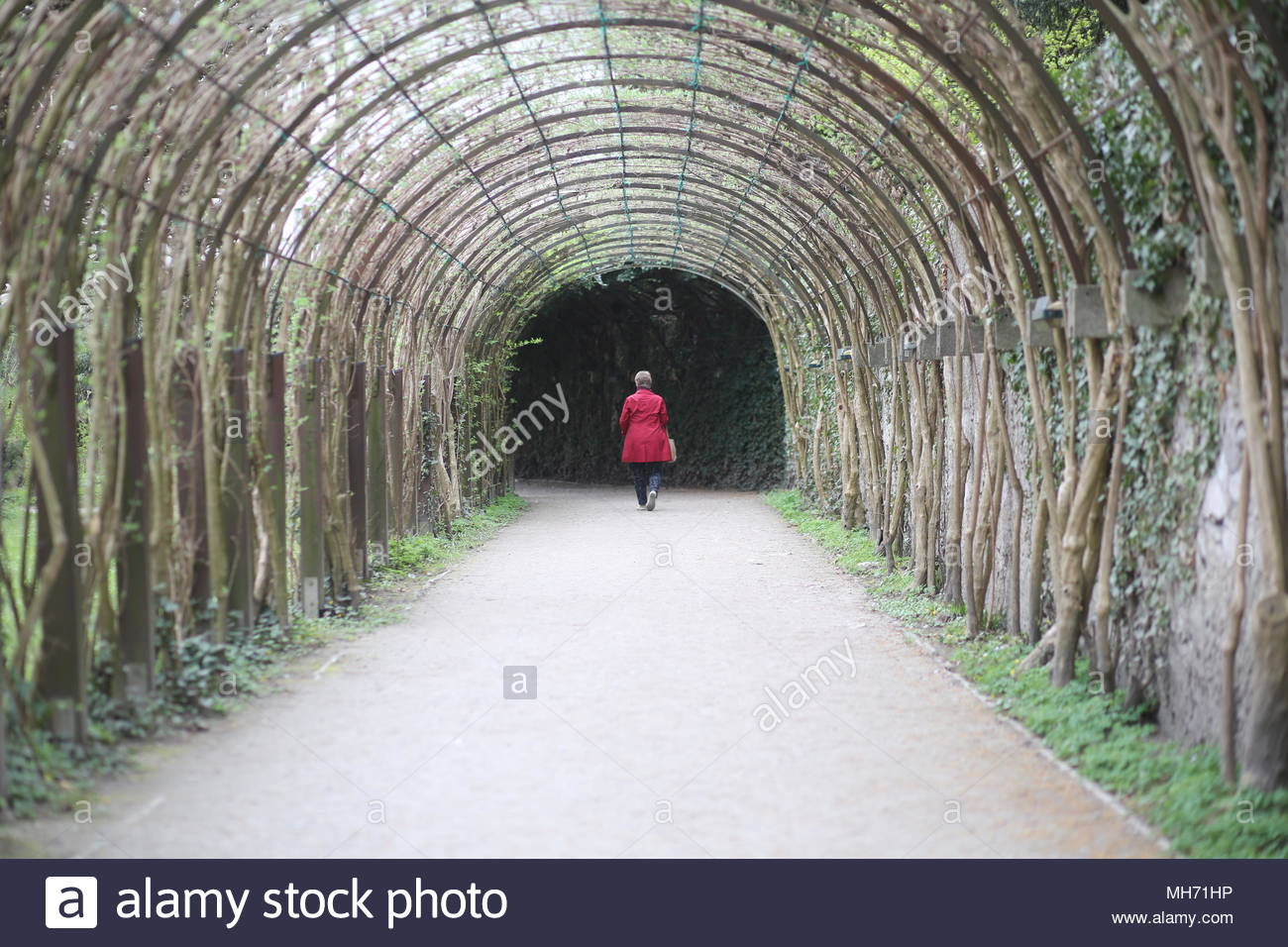 Eine Frau in einem roten Mantel Spaziergänge durch den Mirabellgarten in Salzburg, Österreich. Stockfoto