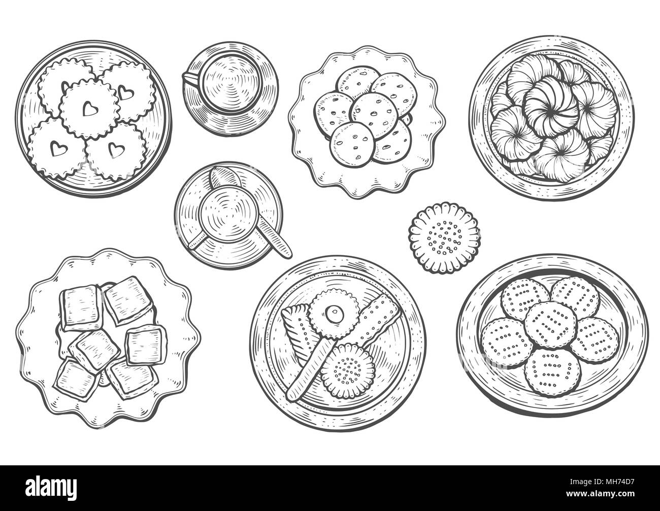 Hand gezeichnet. Orientalische Süßigkeiten Vector Illustration. Middle Eastern Food. Essen Menü Hintergrund. Ansicht von oben. Monochrom design Vorlage. Stock Vektor