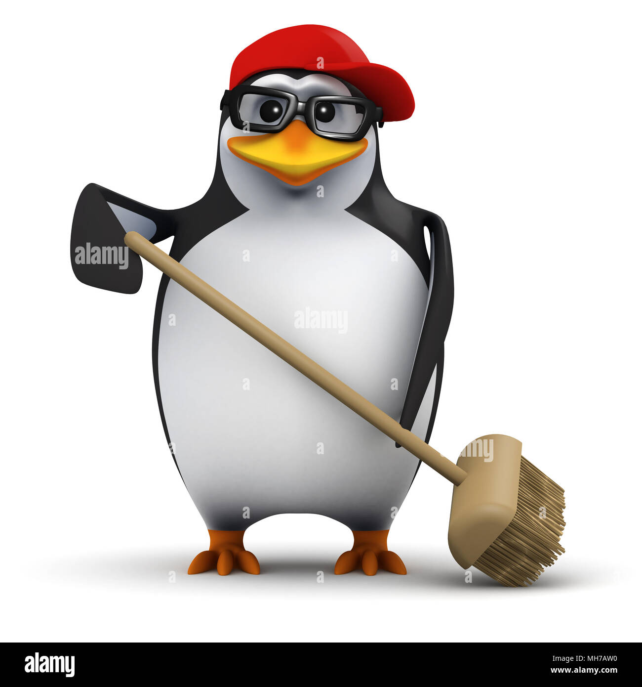 3D-Render eines lustigen Cartoon penguin tragen eine Baseballmütze und Fegen  herauf das Chaos mit einem Besen Stockfotografie - Alamy