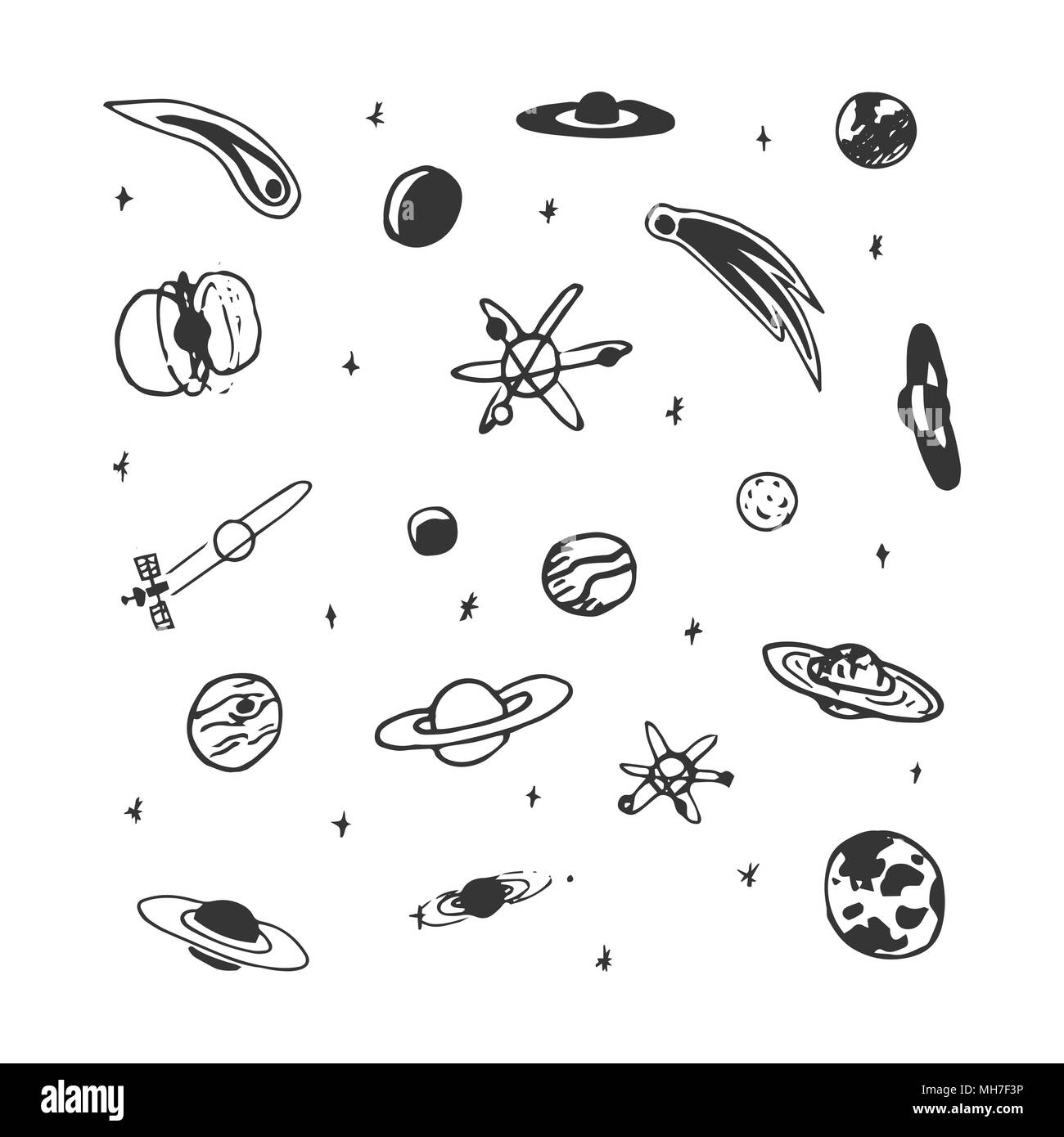 Vektor einrichten von Hand gezeichnet Raum Objekt - Planeten, Kometen, Mond, Sterne. Universum Skizze Stock Vektor