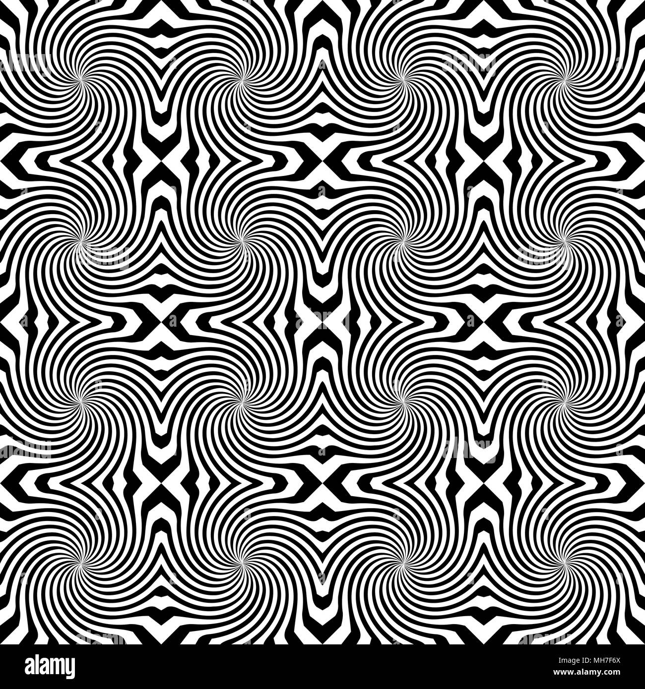 Vektor sunburst nahtlose Muster mit Drall und geometrische Welle. Abstrakte schwarz nahtlose Muster auf weißem Hintergrund Stock Vektor