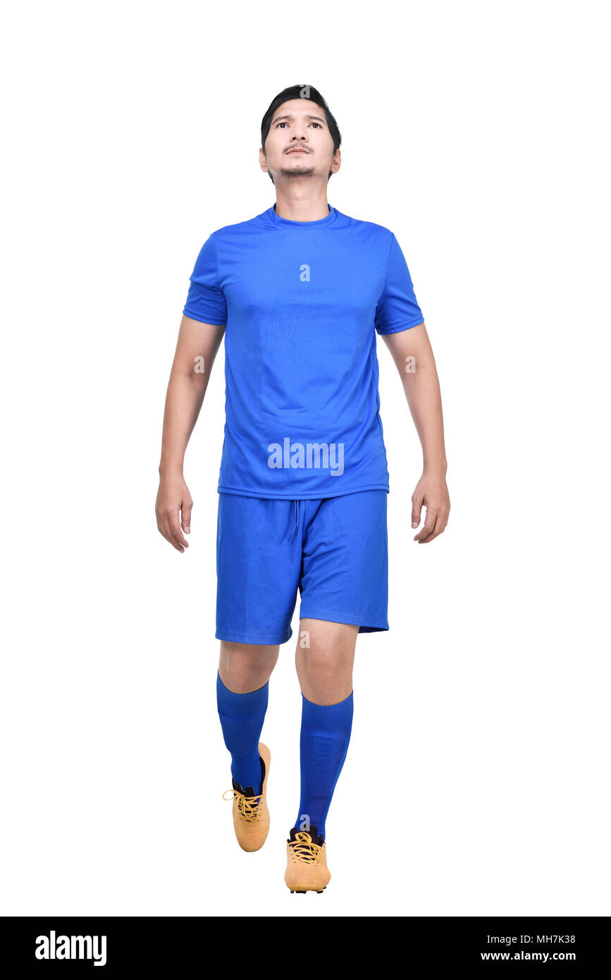 Schöne asiatische Athleten Mann mit blauen Jersey auf weißem Hintergrund Stockfoto