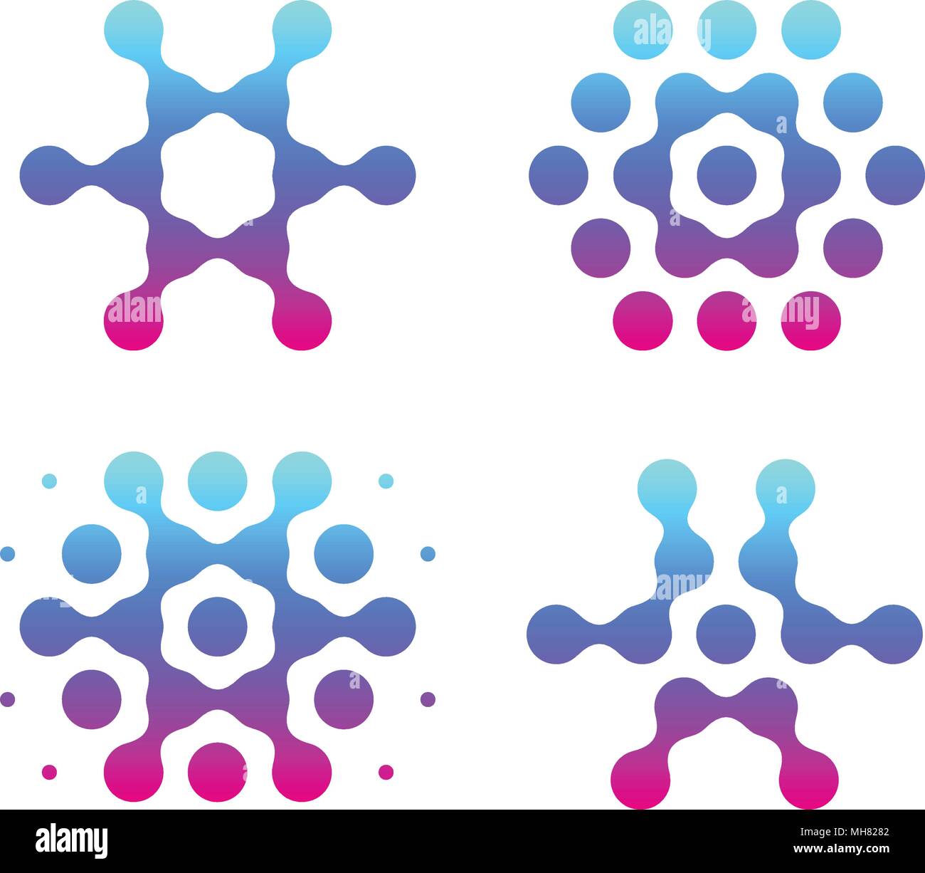 Digitale Schneeflocken Symbole, molekulare Wissenschaft logo, Abstrakte blaue Taste von dots, Waben symbol Sammlung auf weißem Hintergrund. Stock Vektor