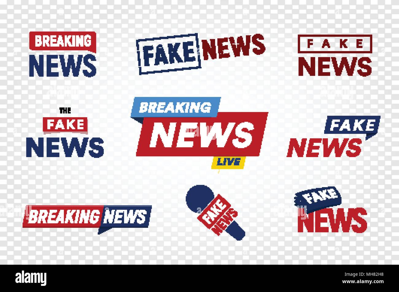 Brechen und gefälschte Nachrichten logo Schablone auf transparenten Hintergrund. Schlagzeile TV Stempel. World News vector Abbildung. Stock Vektor