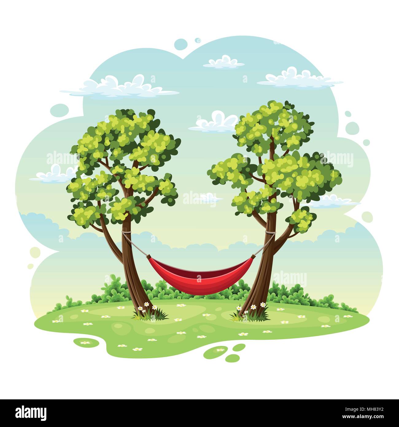 Hammrock zwischen zwei Bäumen, Sommer Natur Hintergrund Stock Vektor
