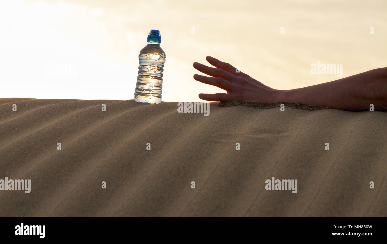 Hand versuchen, die Flasche Wasser auf Sand in der Wüste heiße Temperatur zu fangen. Konzept der Durst sterben. Stockfoto