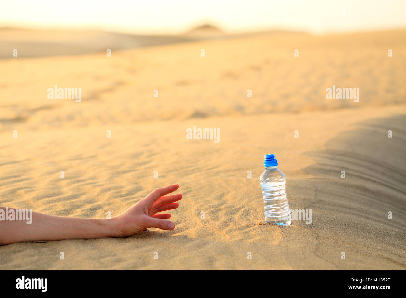 Hand versuchen, die Flasche Wasser auf Sand in der Wüste heiße Temperatur zu fangen. Konzept der Durst sterben. Stockfoto