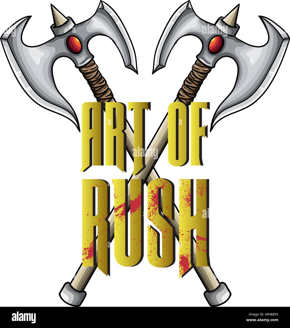 Vector Illustration Design für T-Shirt mit Text "Kunst der Rush' und 2 fantasy Achsen. Stock Vektor