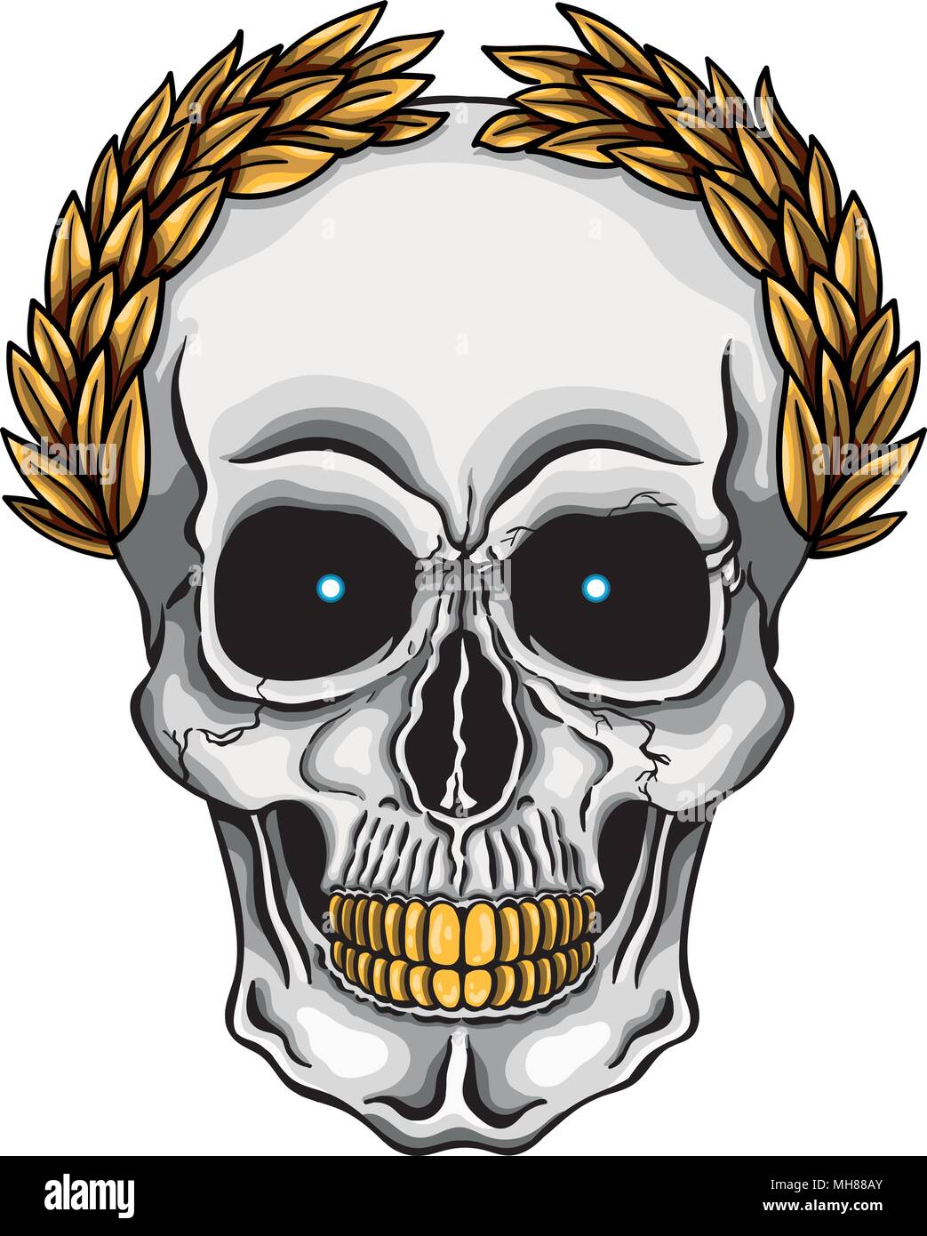 Vector Illustration des menschlichen Schädels mit goldenen Lorbeerkranz und goldene Zähne Stock Vektor