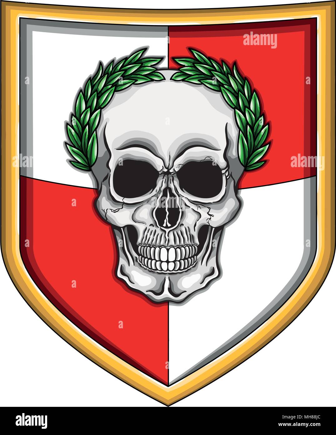 Vector Illustration von fantastischen Reich Schild mit menschlicher Schädel mit grünem Lorbeerkranz. Stock Vektor