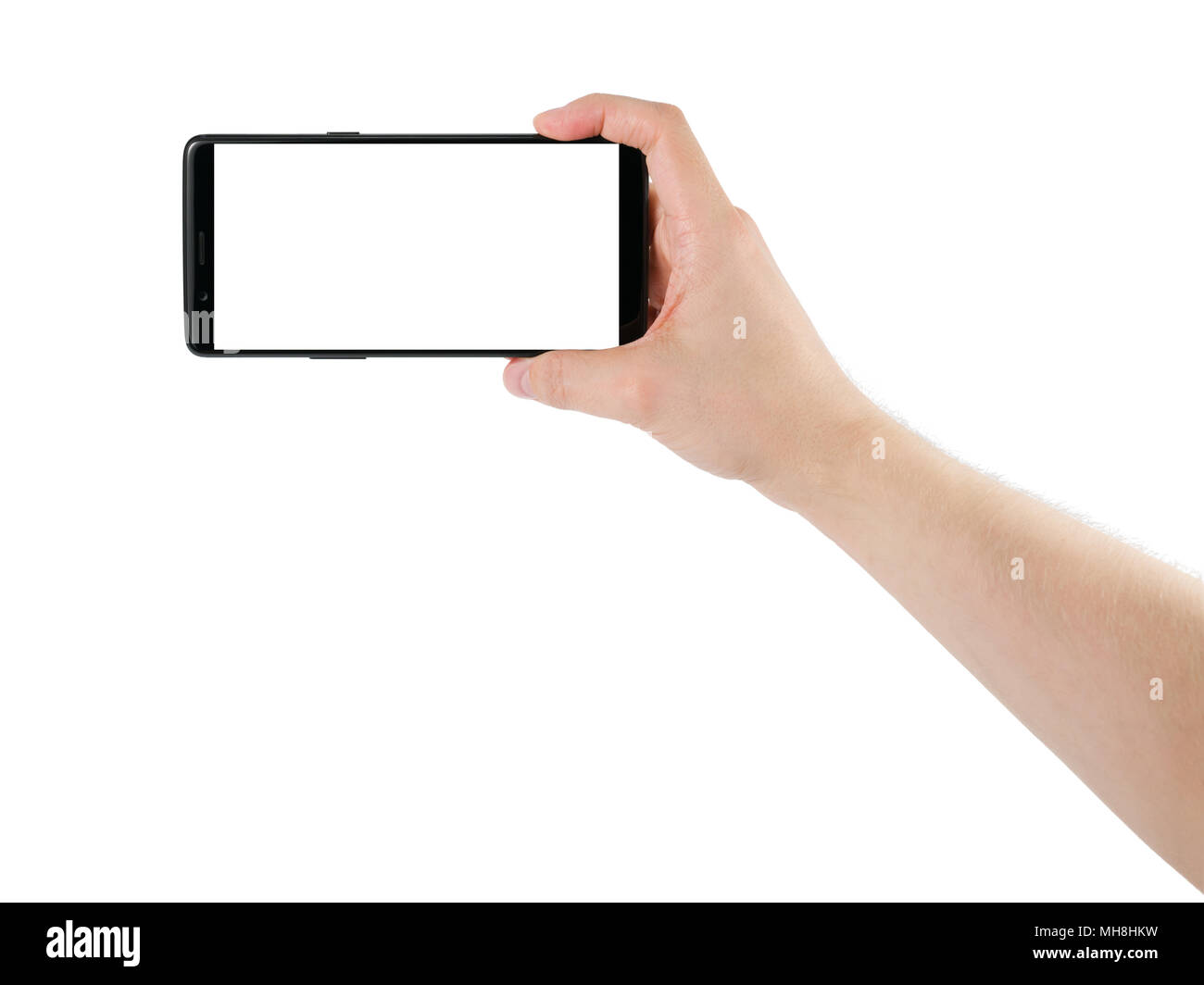 Mann hand Smartphone mit weißer Bildschirm isoliert auf weißem Stockfoto