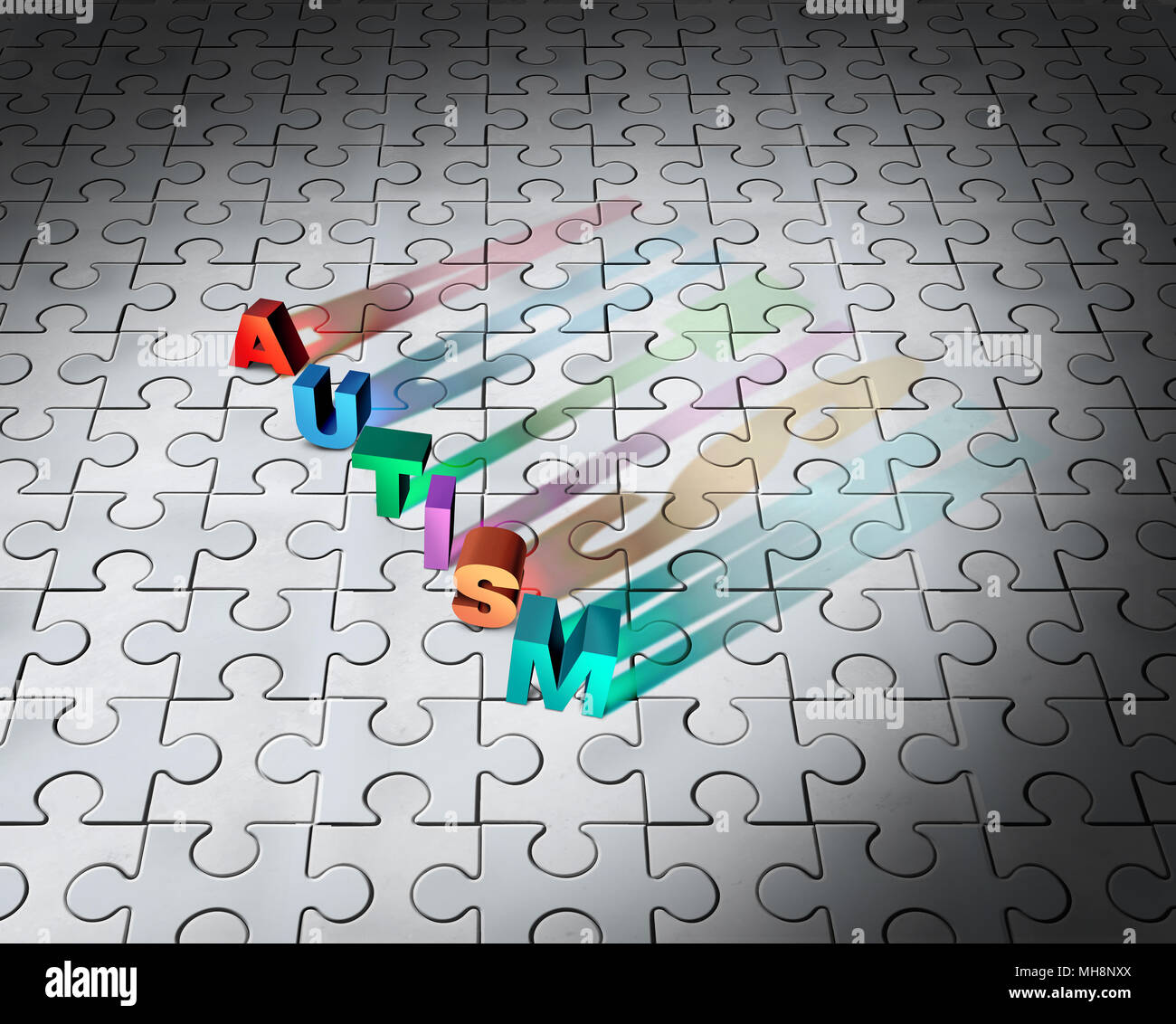 Puzzle von Autismus und Kindheit Entwicklungsstörung jigsaw Hintergrund als ein abstraktes Symbol für autistische Wahrnehmung als 3D-Darstellung. Stockfoto