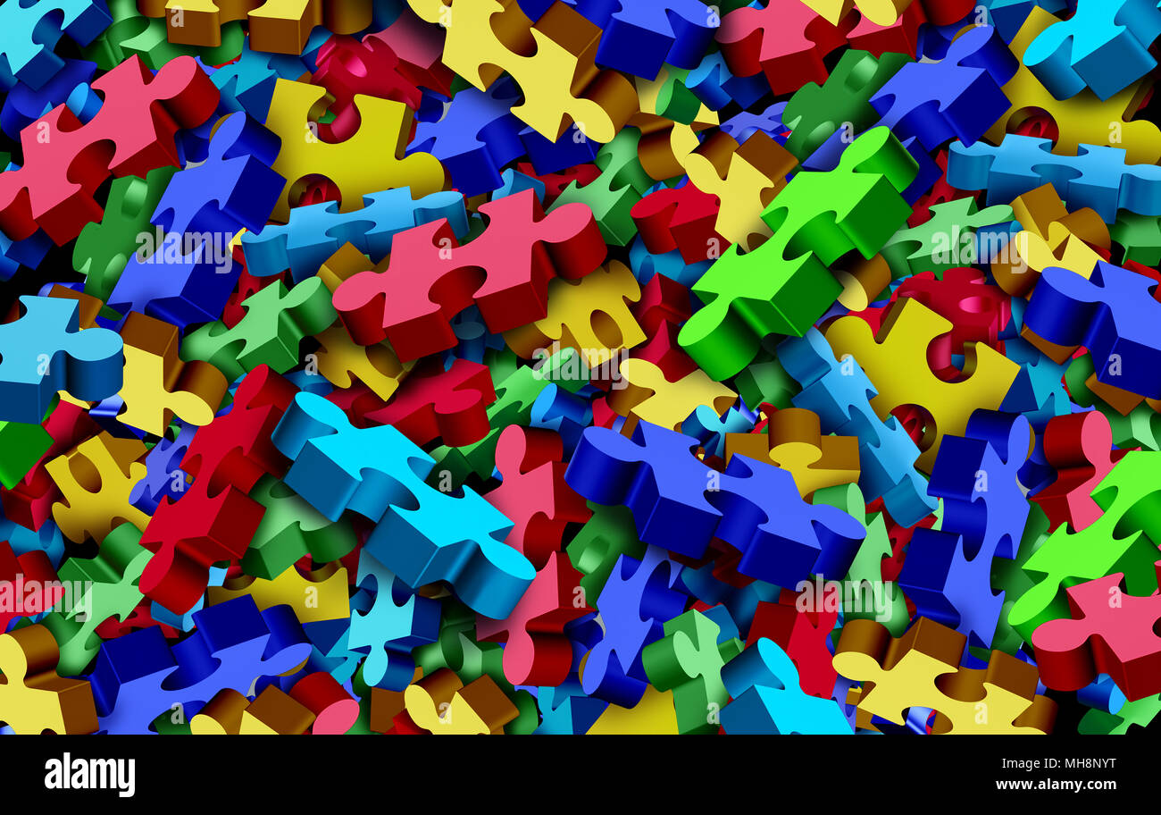 Autismus Hintergrund und Kindheit Entwicklungsstörung Puzzle als ein abstraktes Symbol für autistische Wahrnehmung als eine Gruppe von Jigsaw Pieces. Stockfoto