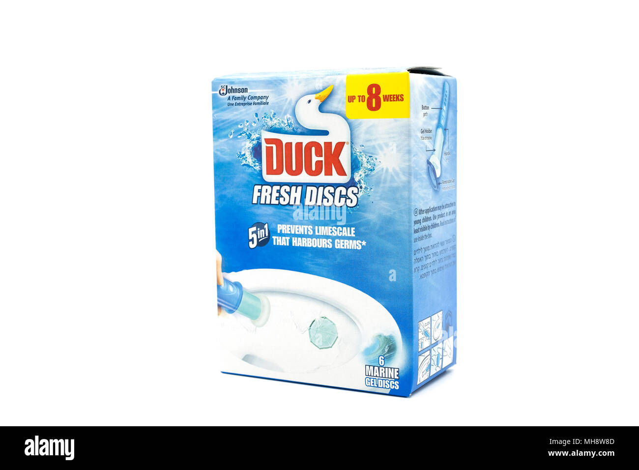 Largs, Schottland, Großbritannien - 25 April 2018: Johnson Ente WC Scheiben in einem Karton recycelbar, im Einvernehmen mit Stockfoto