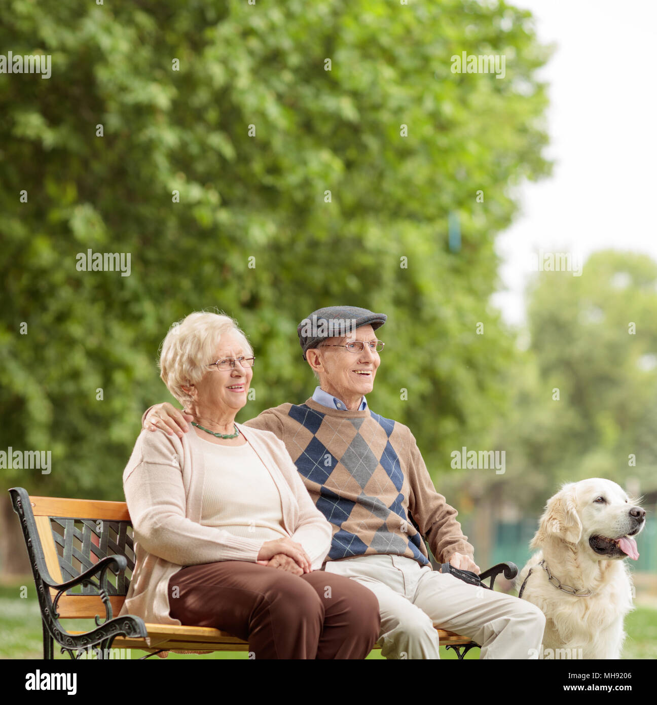 Ältere Paare mit einem Hund sitzen auf einer Bank im Freien Stockfoto