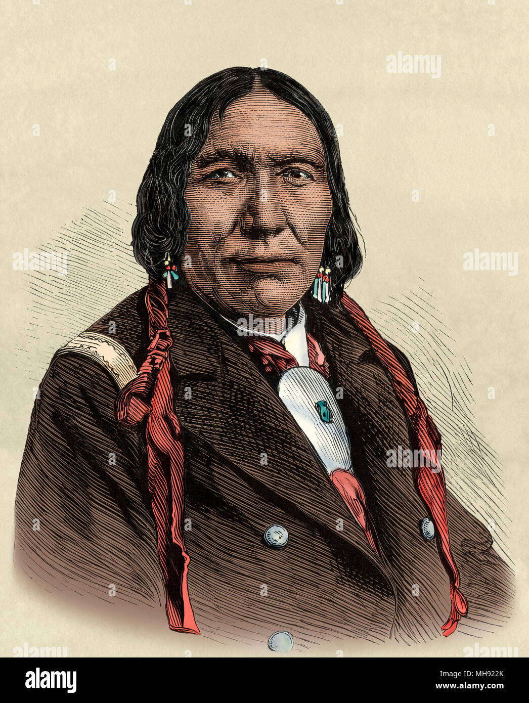 Kleines Oberkleid oder Tak-Kee-O-Mah, Chef der Cheyennes, 1871. Digital farbige Holzschnitt Stockfoto
