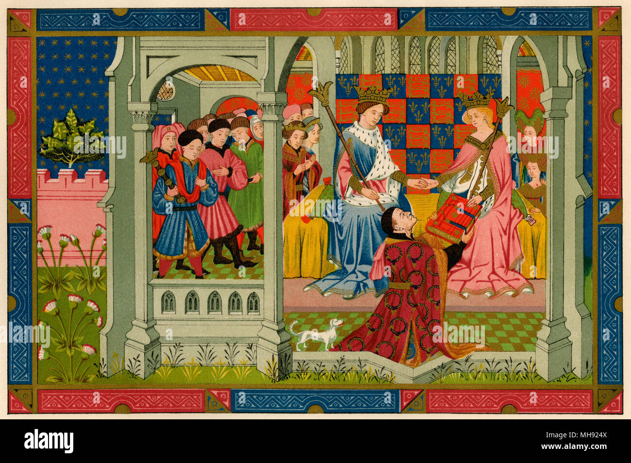 Heinrich VI. und seine Königin, Margaret von Anjou, erhalten ein Buch von John Talbot, Graf von Shrewsbury, 1400. Gedruckte farbige Lithographie Stockfoto