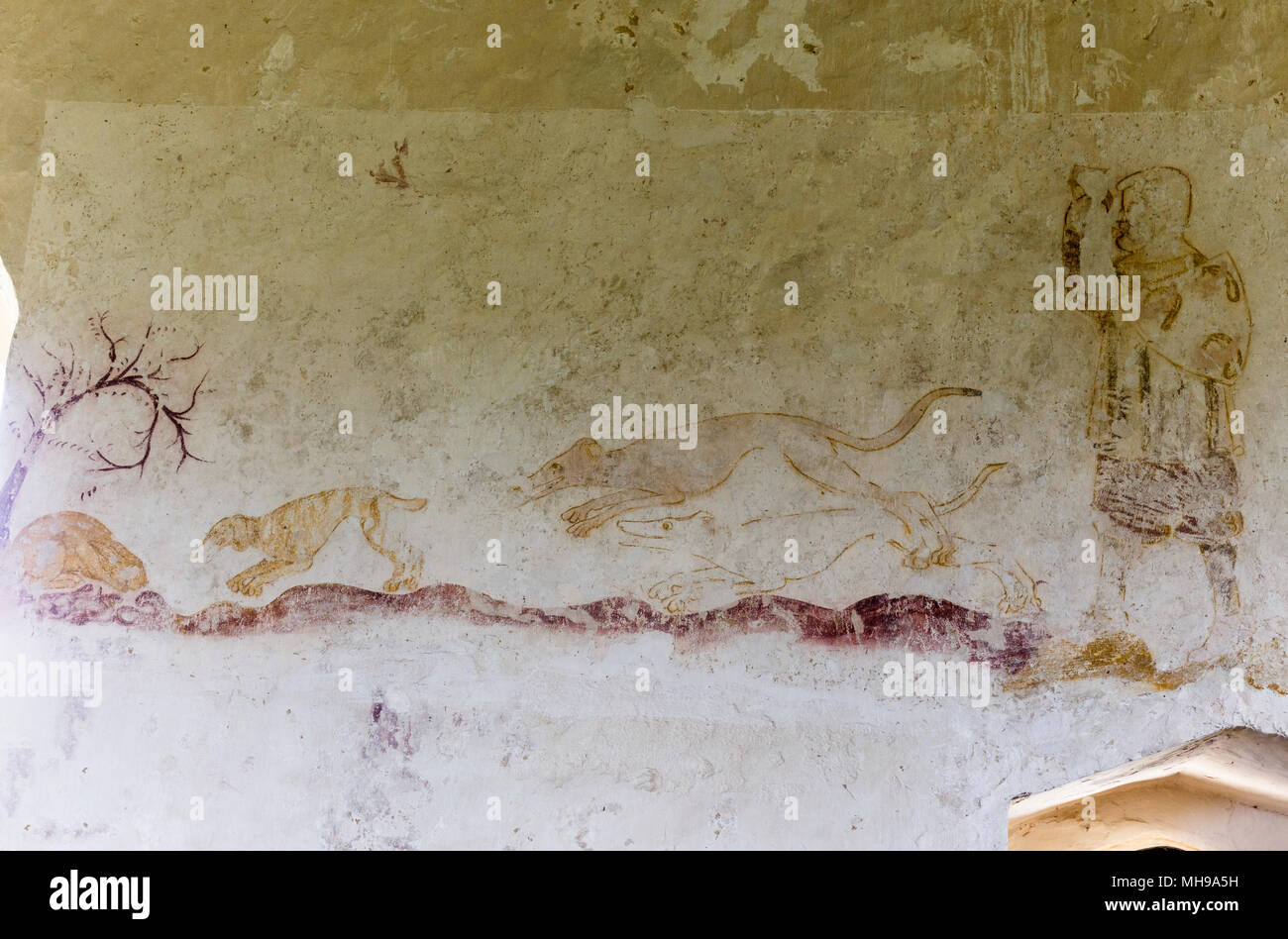 Hailes Kirche. Wunderbare Sammlung von 1300 Wandmalereien. Die Wandmalerei zeigt ein Jäger mit Hund Jagd einen Hasen. Stockfoto