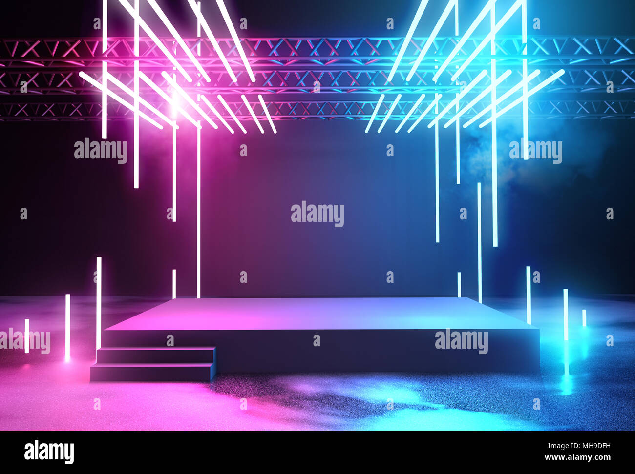 Bühne mit Neon Beleuchtung Hintergrund mit leeren Plattform für Konzert oder Product Placement. 3D-Darstellung. Stockfoto