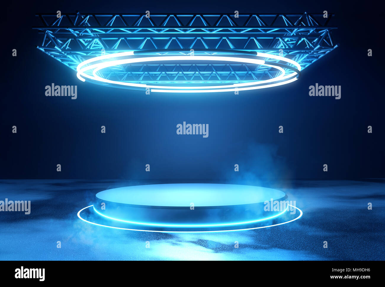 Eine futuristische Technologie leer Plattform mit blau leuchtende Neon runde Beleuchtung. Science Fiction 3D-Abbildung. Stockfoto