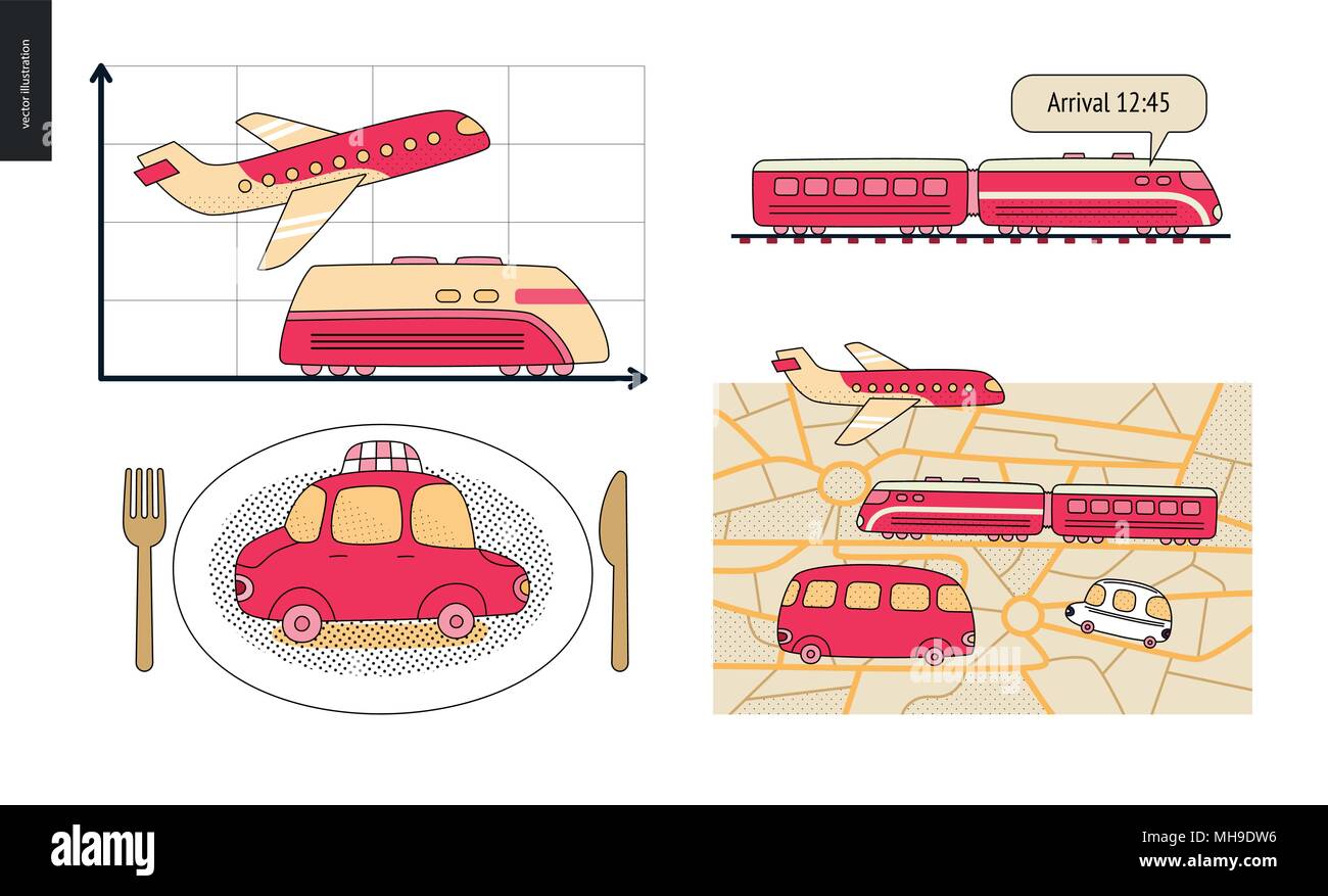 Von A nach B eine Reihe von verkehrsplanung Konzept - Flugzeug und Bahn Fahrplan Grafiken, Taxi Service, City Road map, zugfahrplan Punkt Stock Vektor