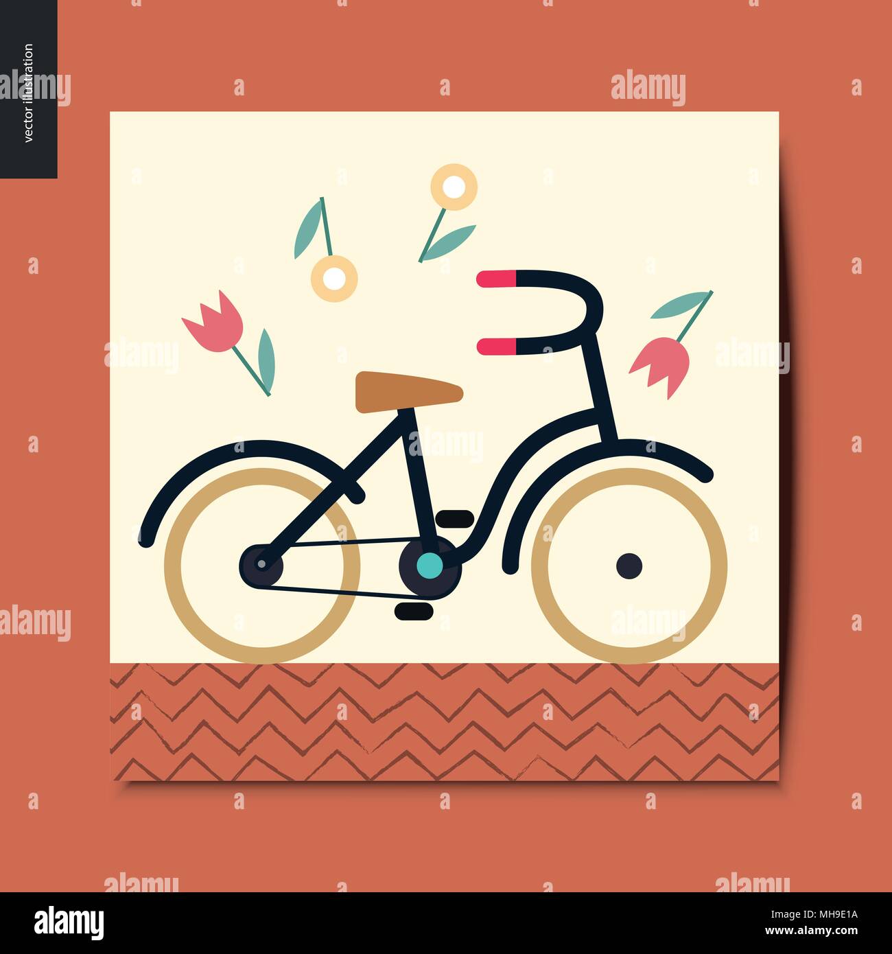 Einfache Dinge - Fahrrad mit gelben Räder umgeben von Blumen, Sommer Postkarte, Vektor, Abbildung Stock Vektor