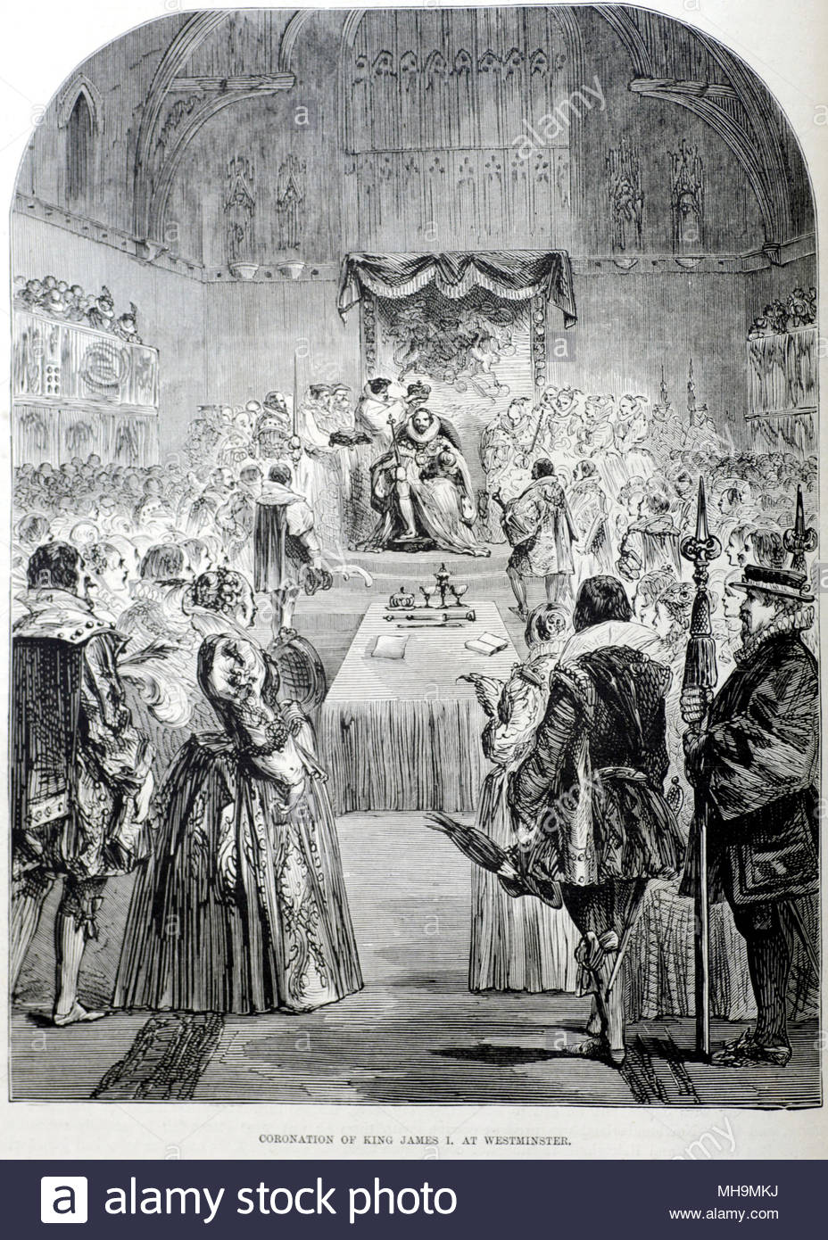Die Krönung von König James I am Westminster am 25. Juli 1603, antike Darstellung von ca. 1880 Stockfoto