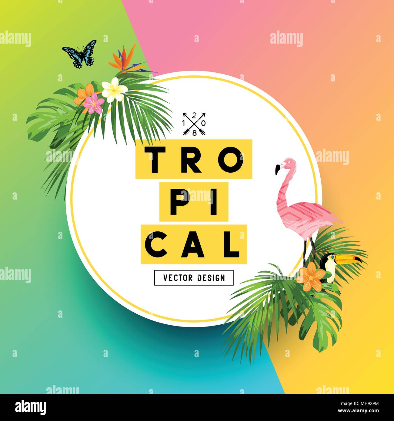 Einen hellen und bunten tropischen Sommer Design mit Plumerias, Flamingos und Dschungel Palmblättern. Vector Illustration. Stock Vektor