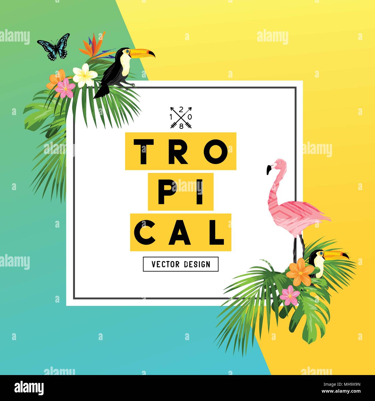 Einen hellen und bunten tropischen Sommer Design mit Plumerias, tropische Vögel und Dschungel Palmblättern. Vector Illustration. Stock Vektor