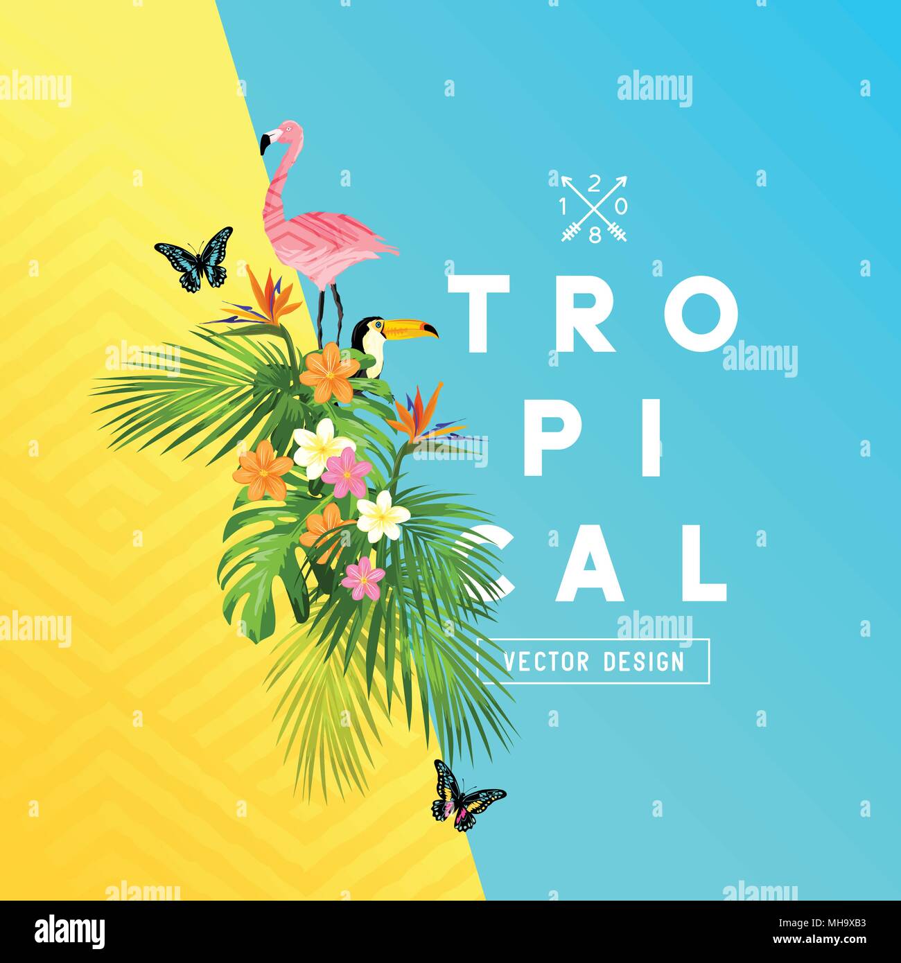 Tropischer Regenwald Sommer Design mit Palmenblättern, Plumerias, und tropische Vögel. Vector Illustration. Stock Vektor