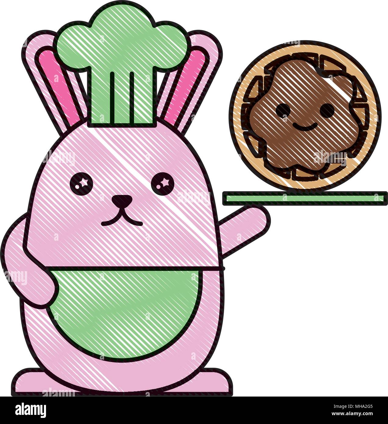 Kawaii Küchenchef Kaninchen mit Cookie cartoon Vector Illustration Zeichnung Stock Vektor