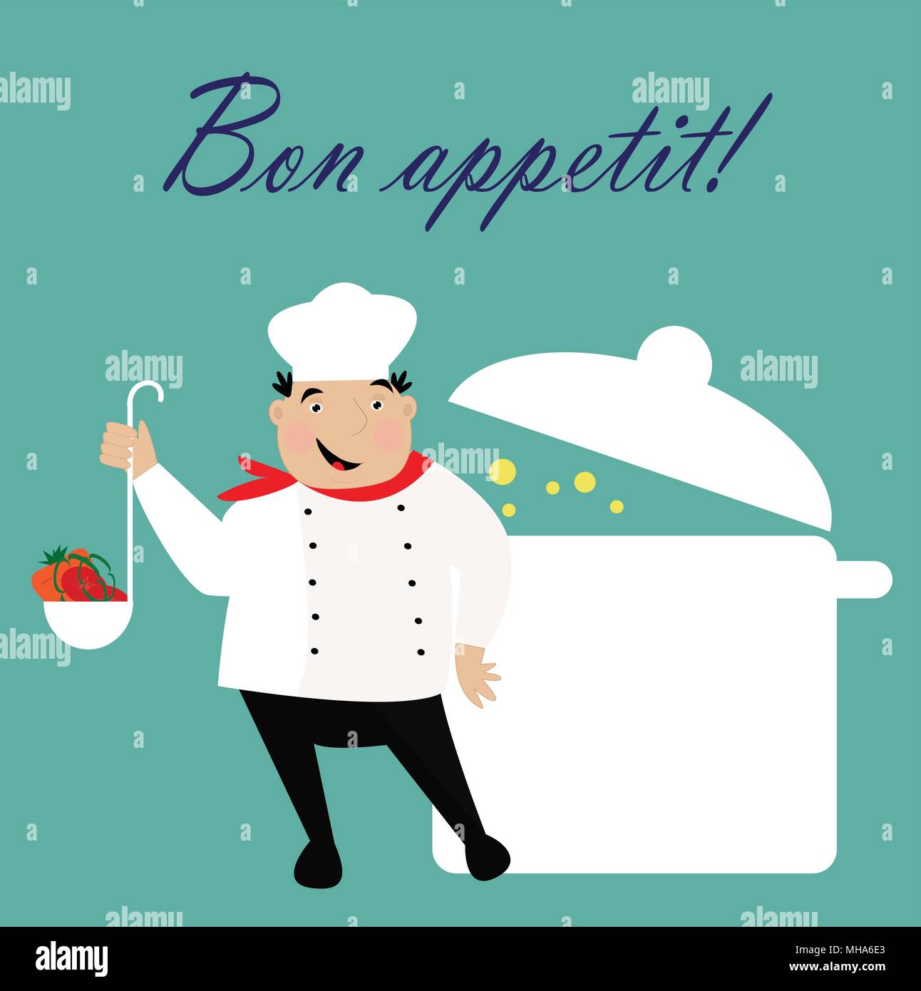 Gerne Kochen mit Hut in Uniform mit Topf Suppe. Vector Illustration. Stock Vektor