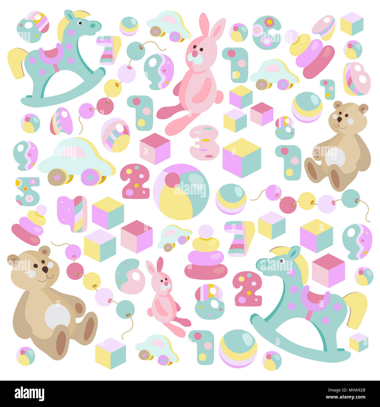 Kinder Spielzeug Cartoon Stil in Pastelltönen Teddybär, Schaukelpferd, rosa Kaninchen eingestellt Stockfoto