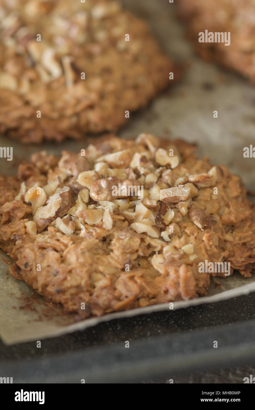 Frisch gebackene Hausgemachte oatmeal Cookies (Cookies mit Nüssen bestreut). Anzeigen in einem Winkel. Close-up. Stockfoto
