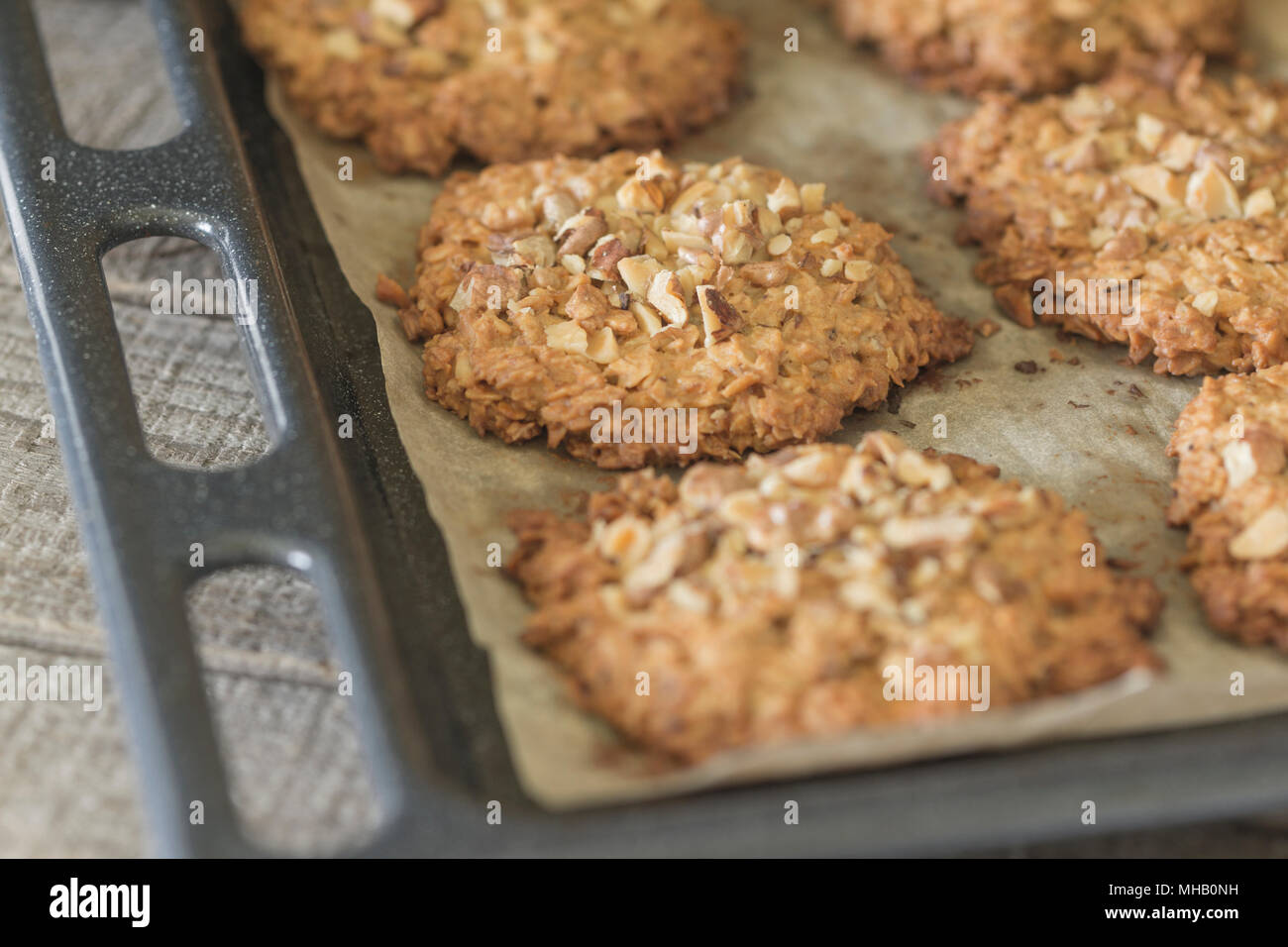 Frisch gebackene Hausgemachte oatmeal Cookies (Cookies mit Nüssen bestreut). Anzeigen in einem Winkel. Close-up. Stockfoto
