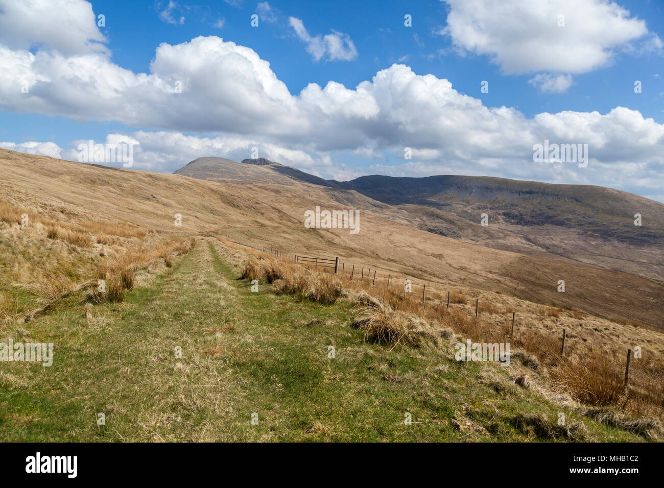 Mit Blick auf die Gipfel der Cadair Idris und Cyfrwy einen alten Track auf Tyrrau Mawr Stockfoto