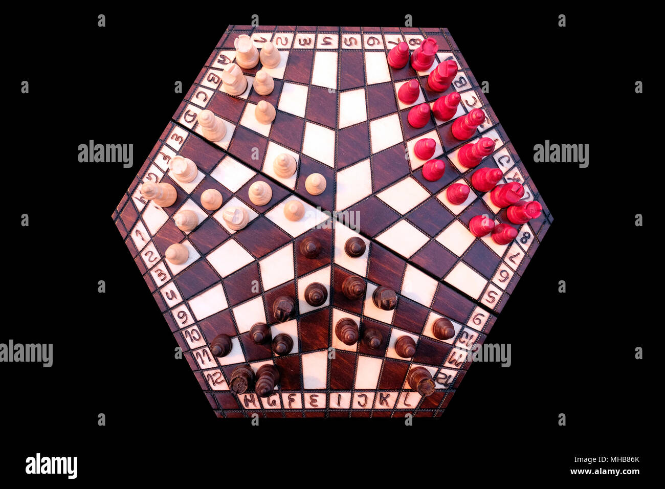 Ein regelmäßiges Sechseck 96-Cell Board für 3 Spieler Schach auch als 3-, 3- oder 3-Wege Schach bekannt Stockfoto