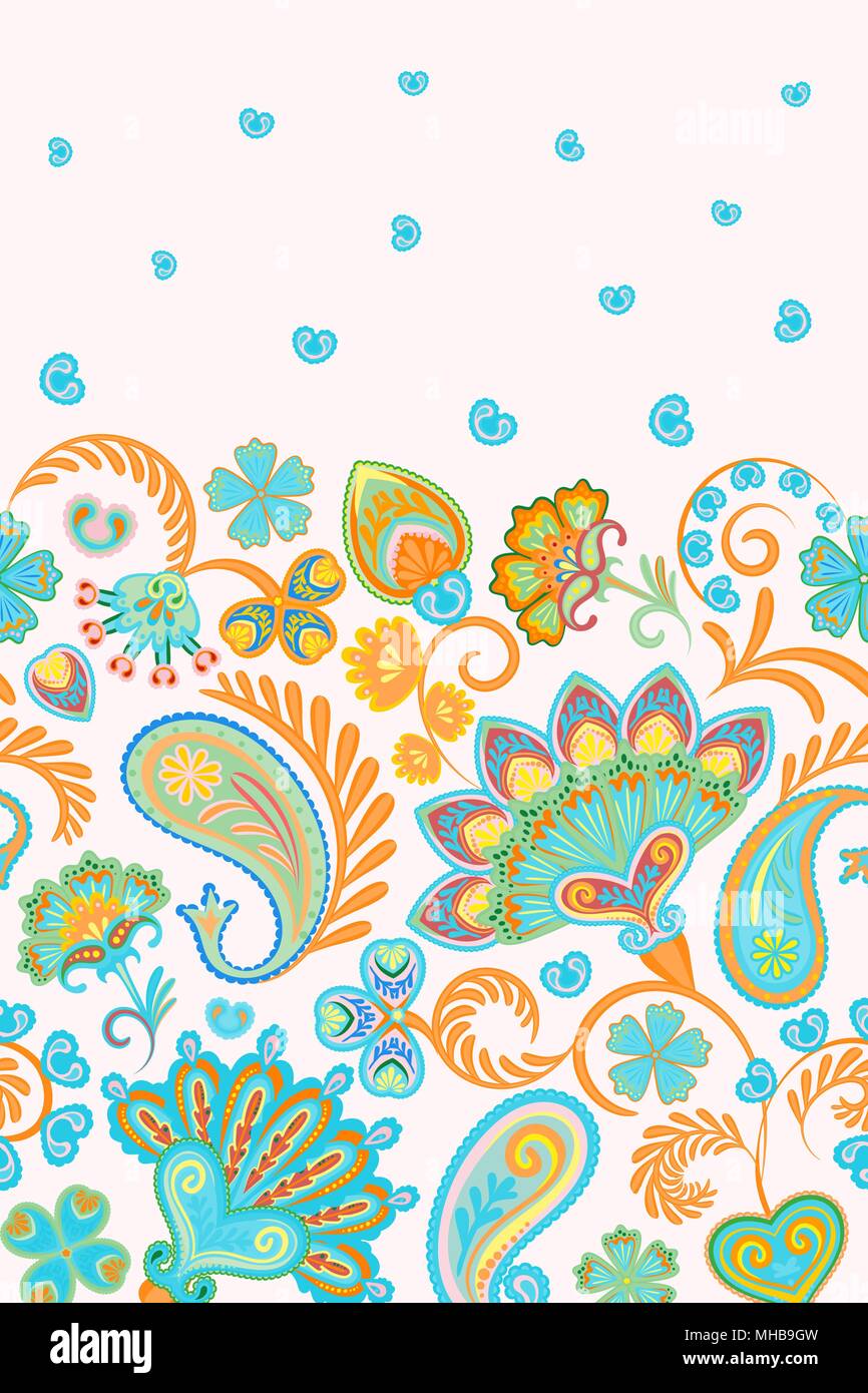Damast stil Paisley floral Vertikale nahtlose Muster. Vector EPS 8. Orange, Blau auf Weiß Stock Vektor