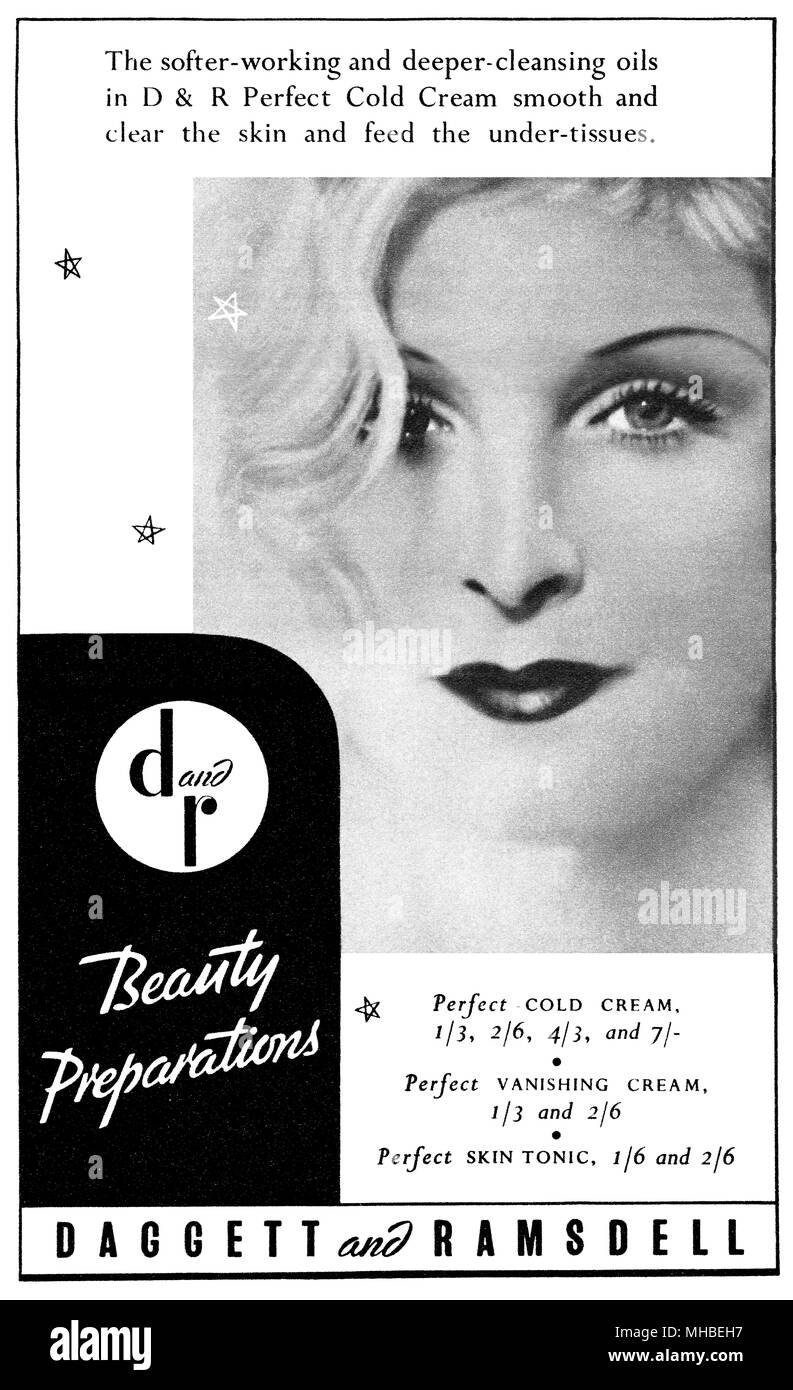 1938 britischen Werbung für Daggett und Ramsdell kalte Sahne, vanishing Creme und haut Tonic. Stockfoto