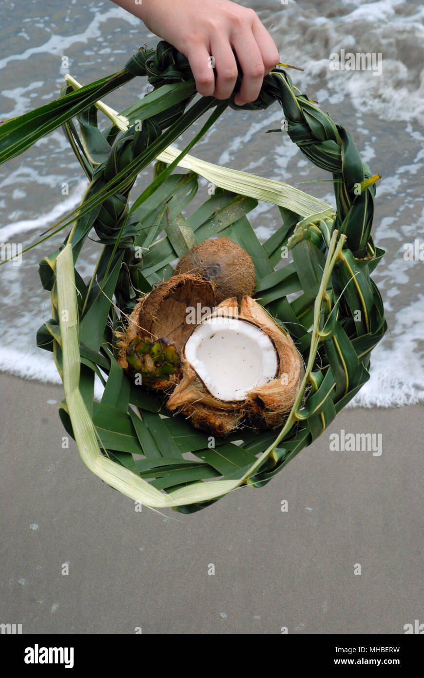 Geflochtener Korb aus Coconut Palm Blätter, Nadi, Fidschi. Stockfoto