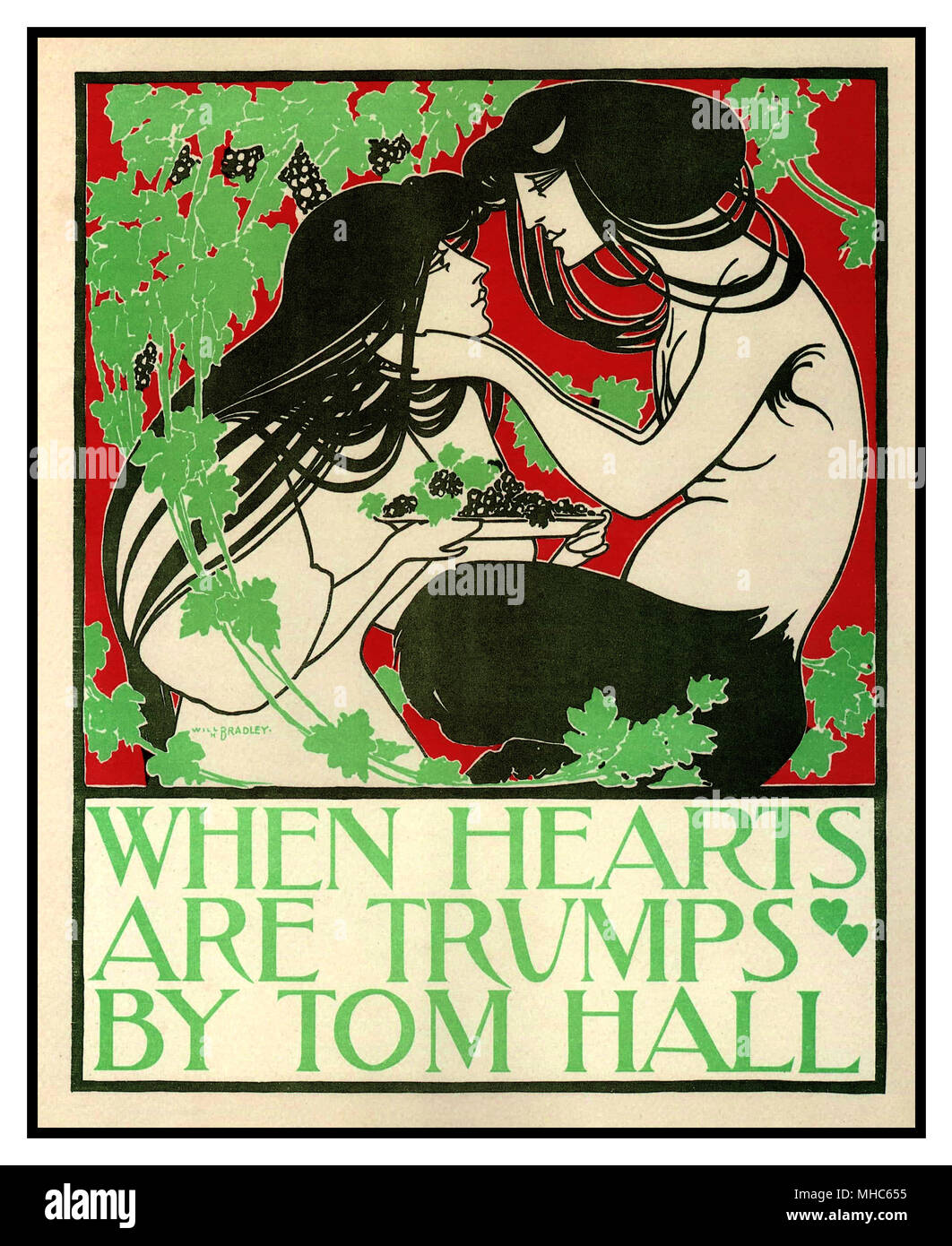Wenn Herz ist Trumpf, Jugendstil Poster von Will Bradley, 1894 einen Vintage Jugendstil Poster für das Buch beim Herz ist Trumpf von Tom Hall geschrieben. Die hohe Auflösung im Jugendstil Poster wurde von William Henry Bradley 1894 dargestellt. Stockfoto