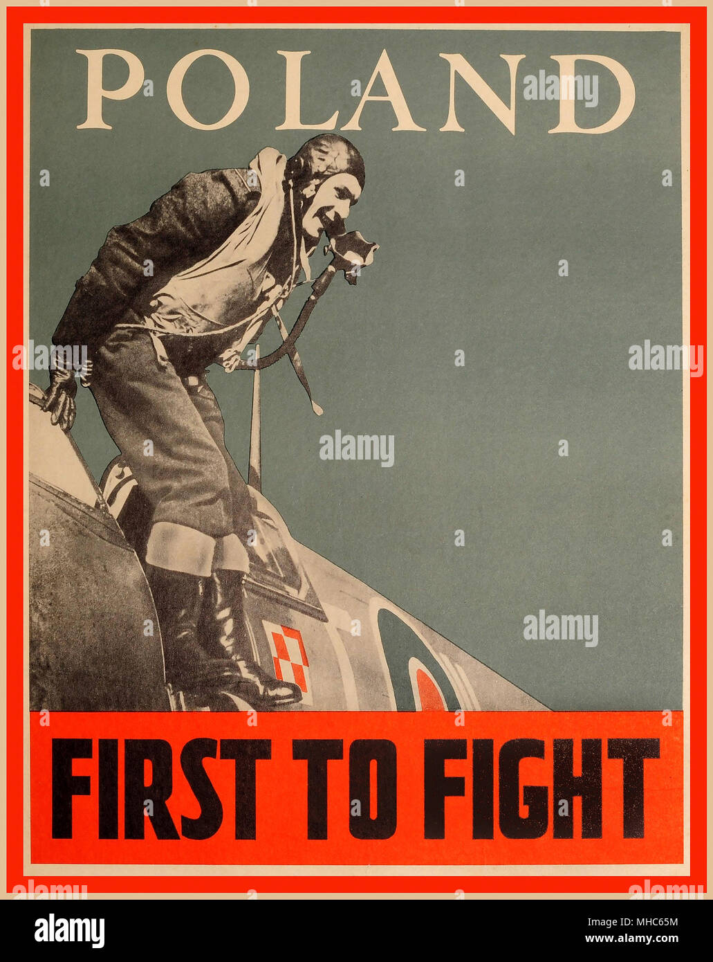 WW2 Propaganda Poster' ERSTEN IN POLEN ZU KÄMPFEN" 1940 zeigt den Beitrag der polnischen Piloten Spitfire Flugzeuge in Großbritannien mit der RAF in Weltkrieg II. Stockfoto