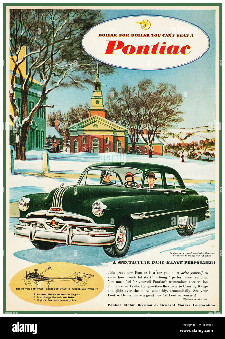 50er Vintage American Automobile Poster und drücken Sie Werbung mit Pontiac 1952 Häuptling 2 Door Sedan 'Dollar für Dollar Sie nicht schlagen einen Pontiac' Amerika USA Stockfoto