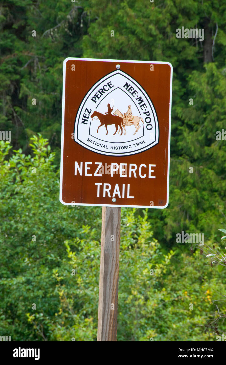 Trail Zeichen, Northwest Passage Scenic Byway, Nez Perce National Historic Park, Idaho Stockfoto