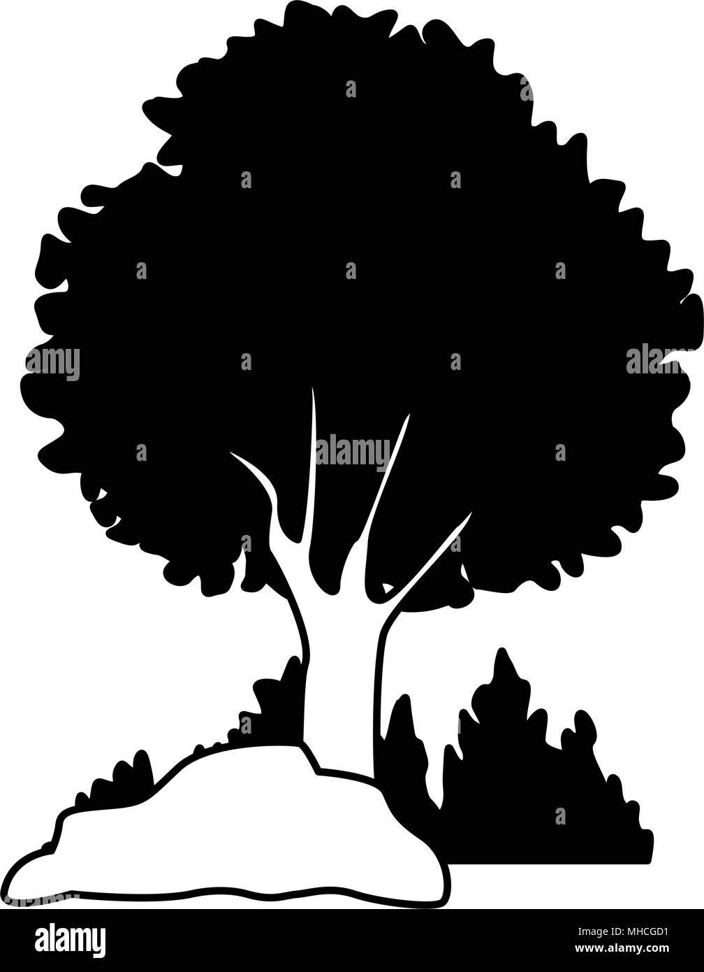 Baum mit Büschen und Felsen auf Schwarz und Weiß Stock Vektor