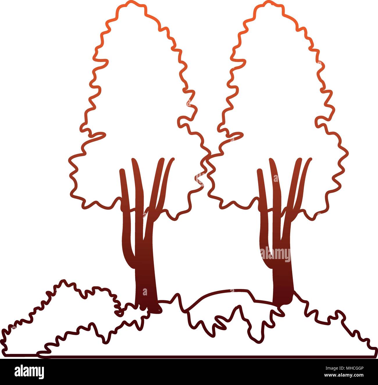 Baum mit Büschen und Felsen auf rote Linien Stock Vektor