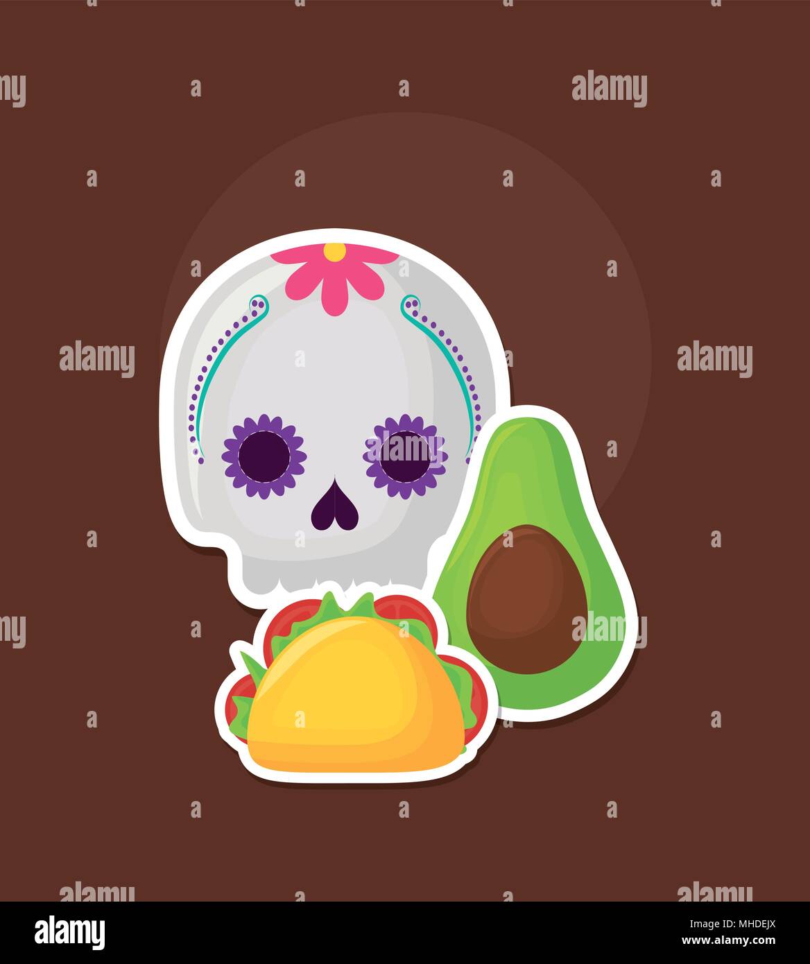 Sugar Skull mit Taco und Avocado über braunen Hintergrund, farbenfrohen Design. Vector Illustration Stock Vektor