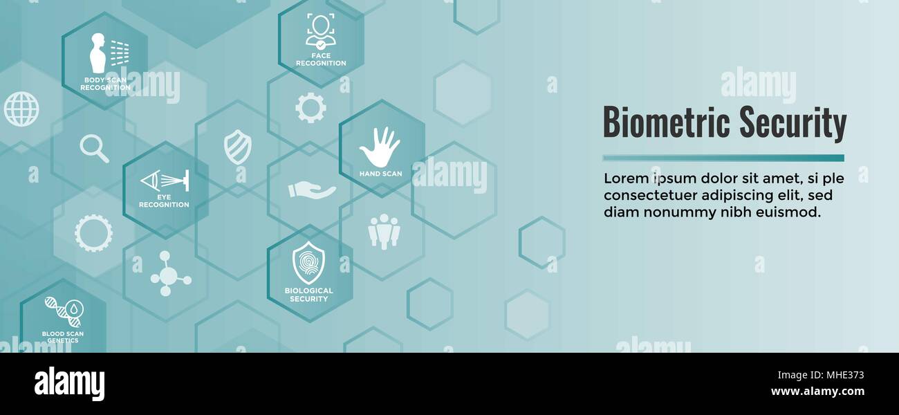 Biometrische Scans Web Banner w DNA, Fingerabdruck, Stimme scan, Tattoo Barcode, etc. Stock Vektor
